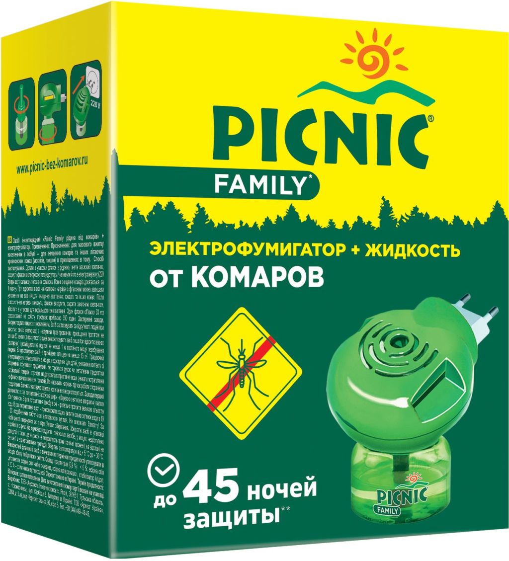 Picnic Family электрофумигатор жидкость от комаров 45 ночей 30 мл купить по  цене в интернет-магазине