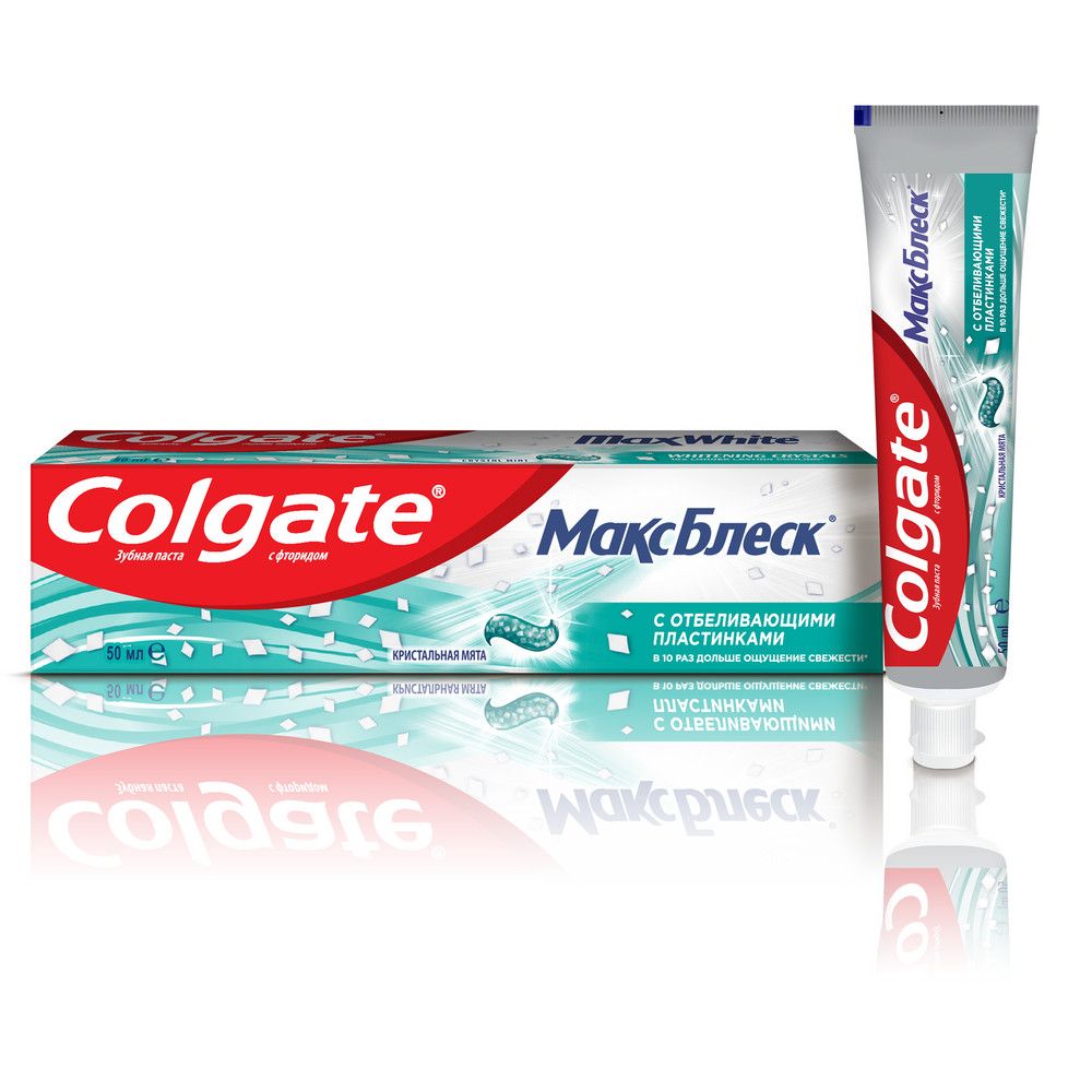 Colgate зубная паста макс блеск кристальная мята с отбеливающими  пластинками для свежего дыхания и отбеливания зубов 50 мл купить по цене  166.92 ₽ в интернет-магазине