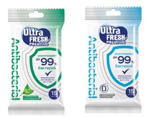 Ultra Fresh Premium Antibacterial влажные салфетки 15 шт с витаминами и экстрактами с подорожником с пантенолом