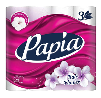Papia туалетная бумага белая с аром. Bali Flower и рисунком трёхслойная 32 шт