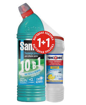 Набор sanfor universal 10 в1 средство для чистки и дезинф морской бриз 750 мл+чистин 400 лимонный всплеск промо