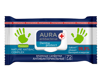 Aura влажные салфетки антибактериальные derma protect ромашка big pack с крышкой 72 шт