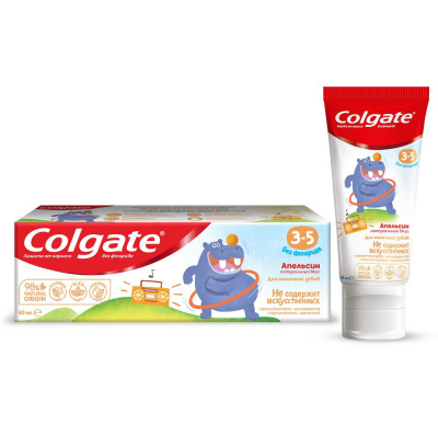 Colgate зубная паста детская 3-5 защита от кариеса без фторида для детей от 3 до 5 лет со вкусом апельсина 60 мл Уценка