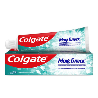 Colgate зубная паста макс блеск кристальная мята с отбеливающими пластинками для свежего дыхания и отбеливания зубов 50 мл Уценка