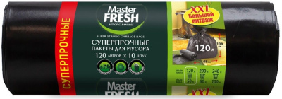 Master FRESH пакеты для мусора XXL суперпрочные 120 литров 10 штук чёрные 23мкм