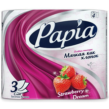 HAYAT 'Papia ' Туалетная бумага белая  с аром. Strawberry Dream и рисунком трёхслойная, 4 шт