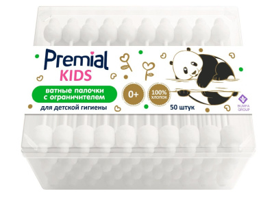 Premial ватные палочки для детской гигиены с ограничителем 50 шт