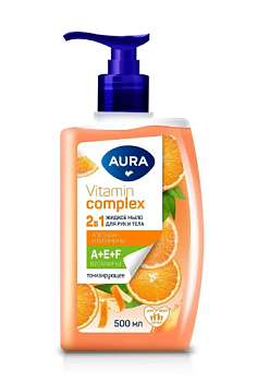 Aura vitamin complex жидкое мыло 2в1 для рук и тела апельсин и витамины флакон дозатор 500мл