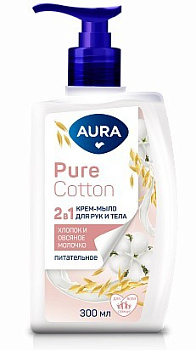 AURA pure cotton крем мыло 2в1 для рук и тела хлопок и мёд флакон дозатор 300мл