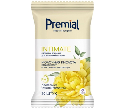 Premial салфетки влажные для женской гигиены с молочной кислотой 20 шт