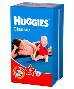 Huggies Classic подгузники Soft&Dry Дышащие 4 размер (7-18кг) 14шт