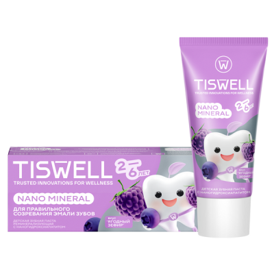 Tiswell зубная паста детская реминерализующая от кариеса с наногидроксиапатитом и фтором ягодный зефир от 2–6 лет 60 гр