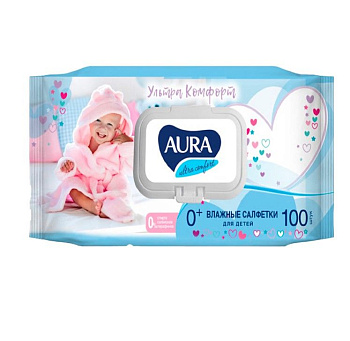 Aura ultra comfort влажные салфетки для детей с алоэ и витамином Е 100 шт с крышкой