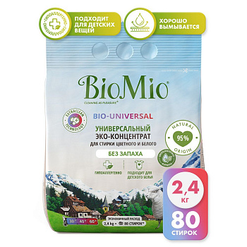 BioMio bio universal универсальный экологичный порошок для стирки цветного и белого белья концентрат без запаха 2,4кг