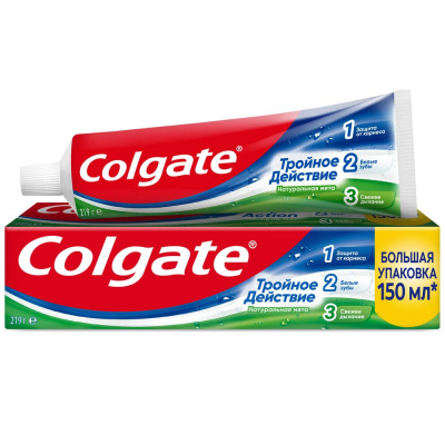 Colgate зубная паста тройное действие натуральная мята для защиты от кариеса удаления потемнений с зубов и свежего дыхания 150 мл Уценка