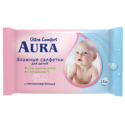 AURA Ultra Comfort Влажные салфетки для детей АЛОЕ+Витамины 15шт