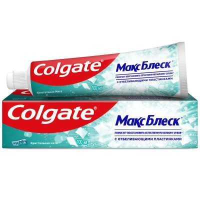 Colgate зубная паста макс блеск кристальная мята с отбеливающими пластинками для свежего дыхания и отбеливания зубов 100 мл
