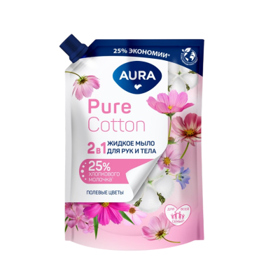 Aura pure cotton жид мыло 2 в1 для рук и тела хлопок и полевые цветы дой пак 450 мл