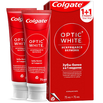 Colgate зубная паста optic white 75 мл 1+1 в подарок