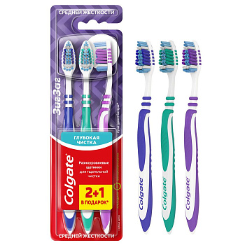 Colgate зубная щетка зиг заг многофункциональная  средней жесткости промоупаковка 2+1 Уценка