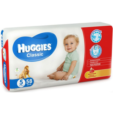 Huggies Classic подгузники Soft&Dry Дышащие 5 размер (11-25 кг) 58шт