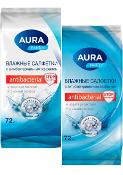 Aura влажные салфетки family с антибактериальном эффектом 72 шт