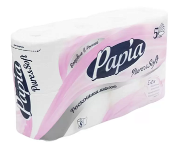 Papia туалетная бумага белая пятислойная Pure&Soft 8шт