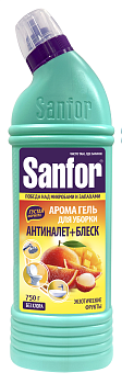 Sanfor арома гель для чистки сантехники антиналет + блеск без хлора сочные тропики 750 г