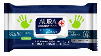 AURA влажные салфетки антибактериальные derma protect ромашка big pack с крышкой 72шт
