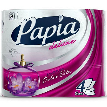 HAYAT 'Papia Deluxe' Туалетная бумага белая с аром. Dolce Vita и рисунком четырёхслойная, 4 шт