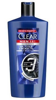 Clear men 3в1 шампунь бальзам гель для душа чистота и свежесть с активным углем ментолом и цинком 610 мл