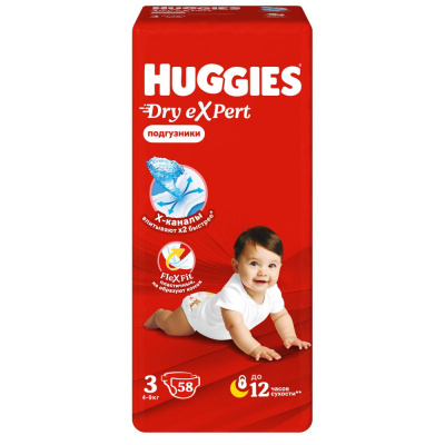 Huggies dry expert 3 m 4-9 кг подгузники 58 шт