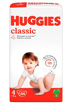 Huggies Classic подгузники Soft&Dry Дышащие 4 размер (7-18кг) 50шт