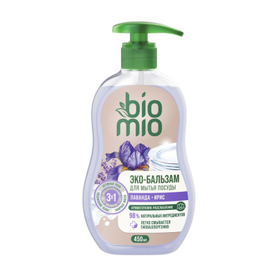 BioMio бальзам для мытья взрослой и детской посуды с экстрактом хлопка и ионами серебра лаванда и ирис 450 мл