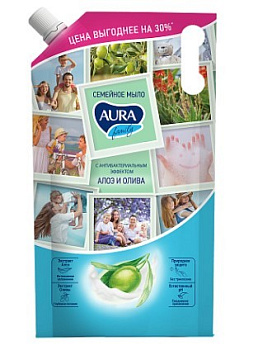 Aura family жидкое мыло с антибактериальным эффектом олива и сок алоэ дой пак 1000мл