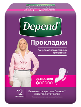Depend прокладки урологические для женщин ultra mini при недержании 12 шт