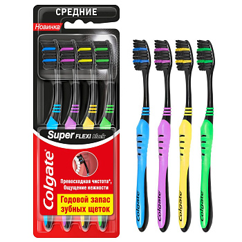 Colgate super flexi black зубная щетка средней жесткости набор из 4 шт