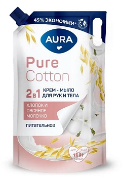 Aura pure cotton крем мыло 2в1 для рук и тела хлопок и овсяное молочко дой пак 850мл
