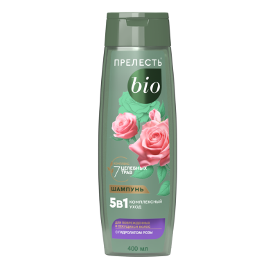 Прелесть Био шампунь с гидролатом розы 5в1 для поврежденных и секущихся волос 400 мл