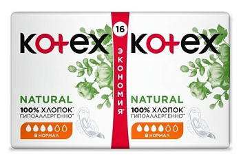Kotex прокладки гигиенические Natural нормал 16шт