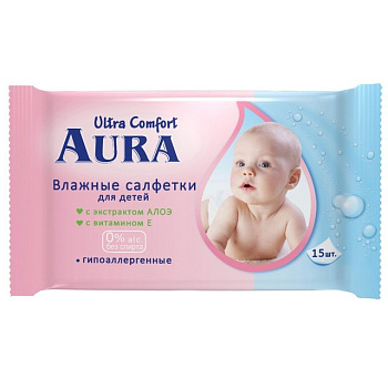 AURA Ultra Comfort Влажные салфетки для детей АЛОЕ+Витамины 15шт