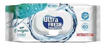 Ultra Fresh premium antibacterial влажные салфетки 60 шт с клапаном  с экстрактом эвкалипта