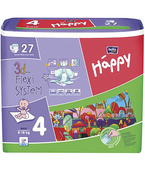 Подгузники для детей BELLA Happy Maxi по 27 шт, вес 8-18 кг (4 мес)
