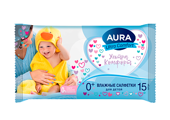Aura ultra comfort влажные салфетки для детей алоэ витамины 15 шт