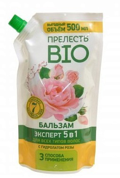 Прелесть био бальзам с гидролатом розы 5 в1 для поврежденных и секущихся волос 500 мл Дой пак
