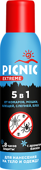 Picnic extreme аэрозоль 5 в 1 от комаров мошек клещей слепней блох 150 мл