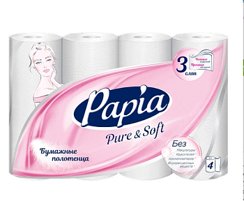 Papia бумажные полотенца белые трёхслойные Pure&Soft 4 шт