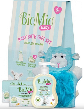 BioMio baby детский набор для купания с мочалкой жидкое мыло 300мл 1шт  твердое мыло 90гр 2шт  мочалка 1шт