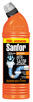 Sanfor для труб средство для очистки канализац труб на кухне антизасор 5 минут 1л 750мл+250мл бесплатно