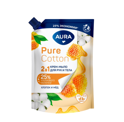 Aura pure cotton жидкое мыло 2 в1 для рук и тела хлопок и мёд дой пак 450 мл